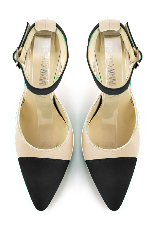 Matt black and champagne white women's open side shoes, with a strap around the ankle. Tapered toe. Very high spool heels. Top view - Florence KOOIJMAN